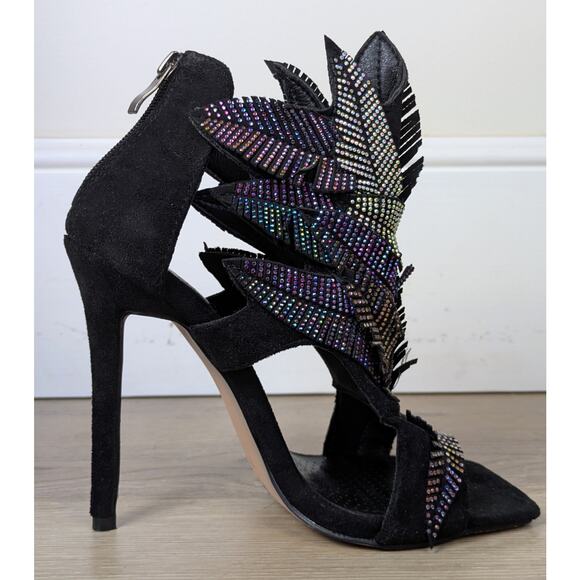 Azalea Wang Lianna Bootie Heels 6 Black Multicolor Crystal Feather Applique Glam - Picture 11 of 11